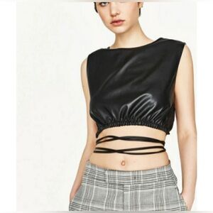 Zara Black Faux Leather Crop Top - size M